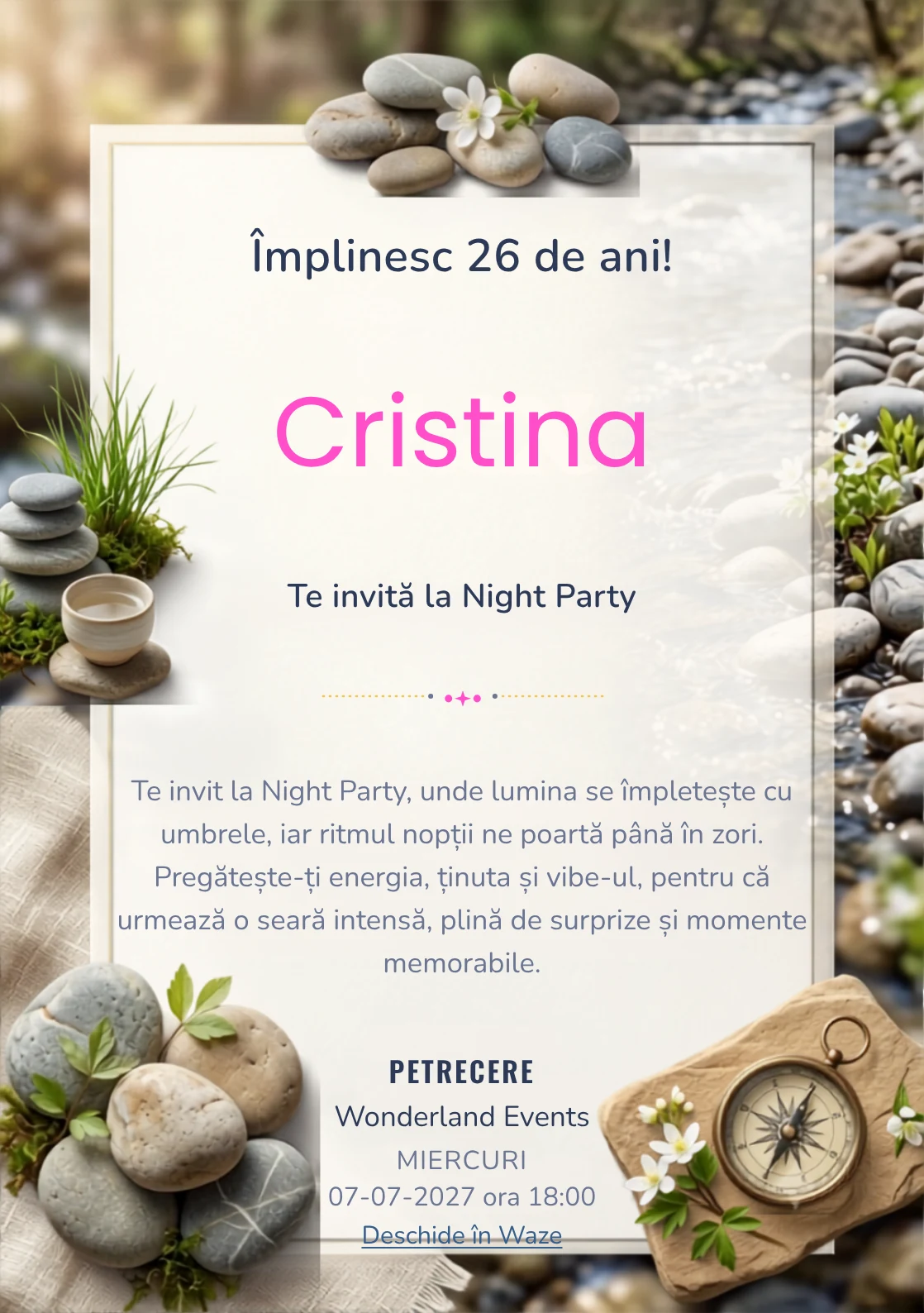 Râu de Primăvară este un model de invitații digitale pentru o aniversare adultă, definit vizual de pietre rotunjite și flori albe discrete.