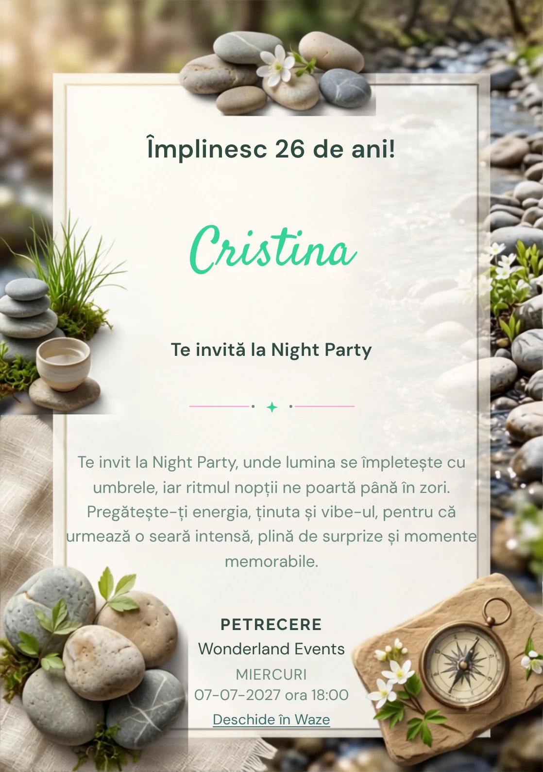 Râu de Primăvară este un model de invitații digitale pentru o aniversare adultă, definit vizual de pietre rotunjite și flori albe discrete.
