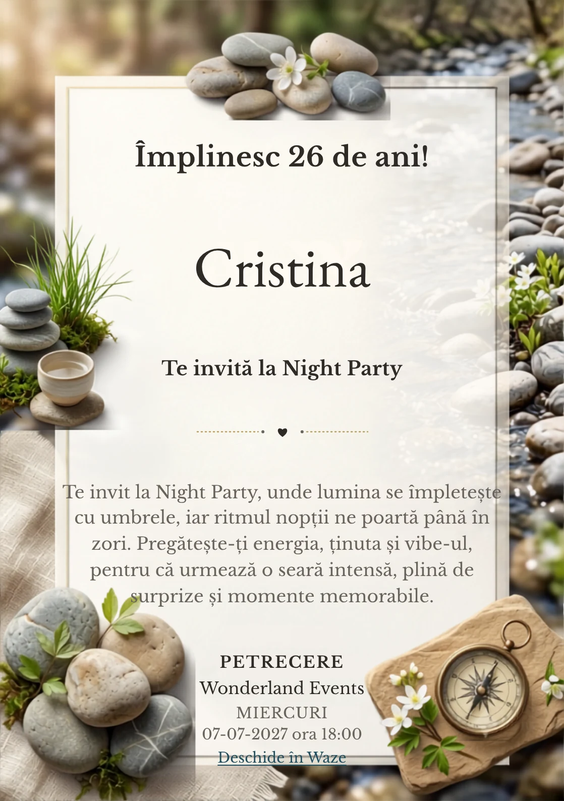 Râu de Primăvară este un model de invitații digitale pentru o aniversare adultă, definit vizual de pietre rotunjite și flori albe discrete.