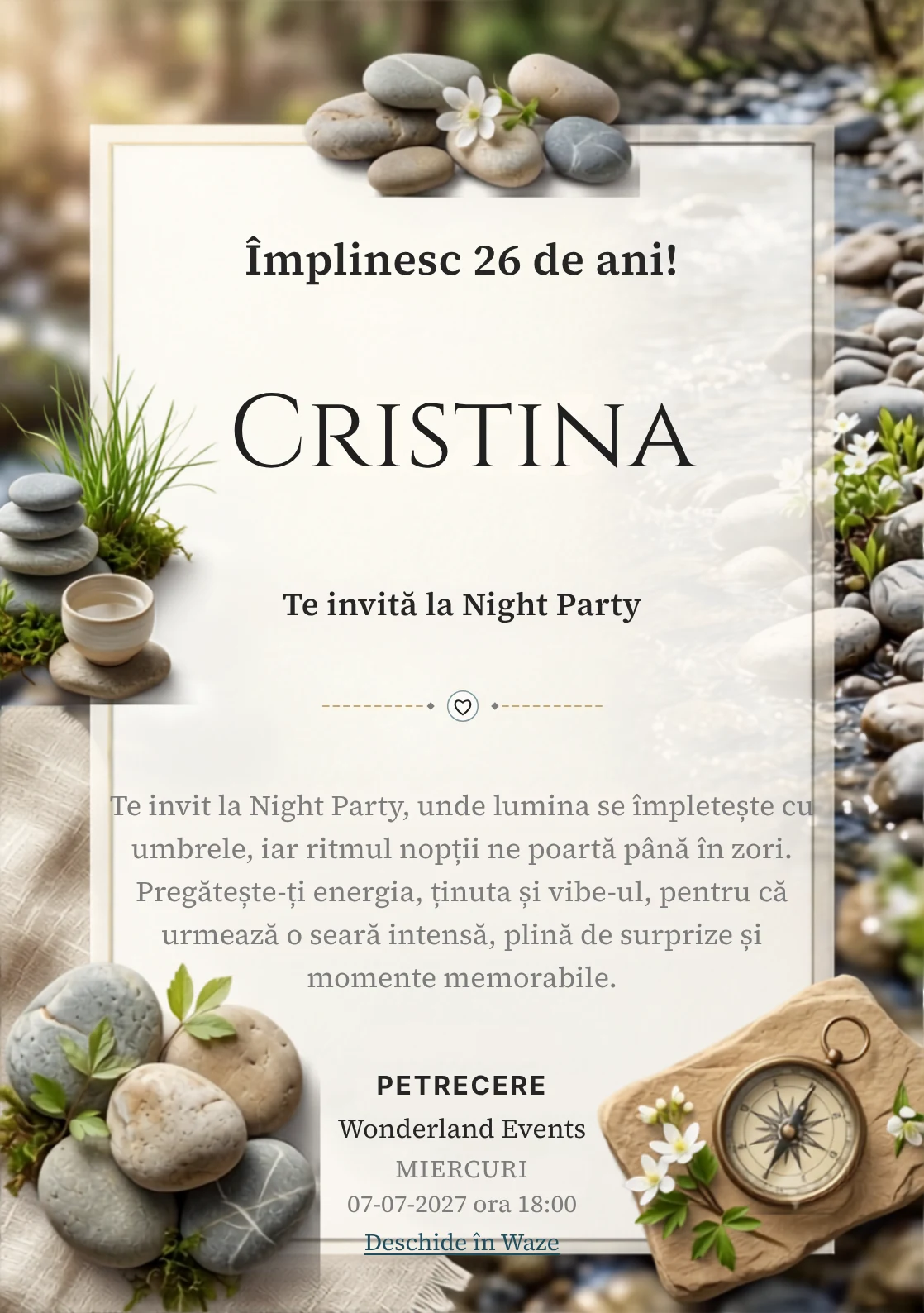 Râu de Primăvară este un model de invitații digitale pentru o aniversare adultă, definit vizual de pietre rotunjite și flori albe discrete.