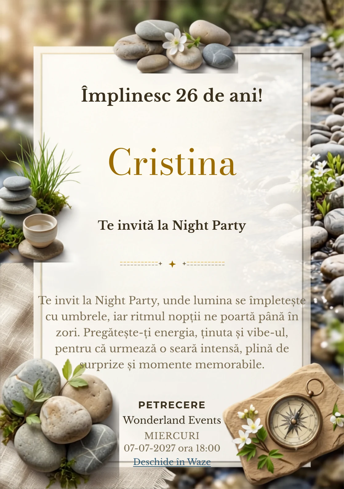 Râu de Primăvară este un model de invitații digitale pentru o aniversare adultă, definit vizual de pietre rotunjite și flori albe discrete.