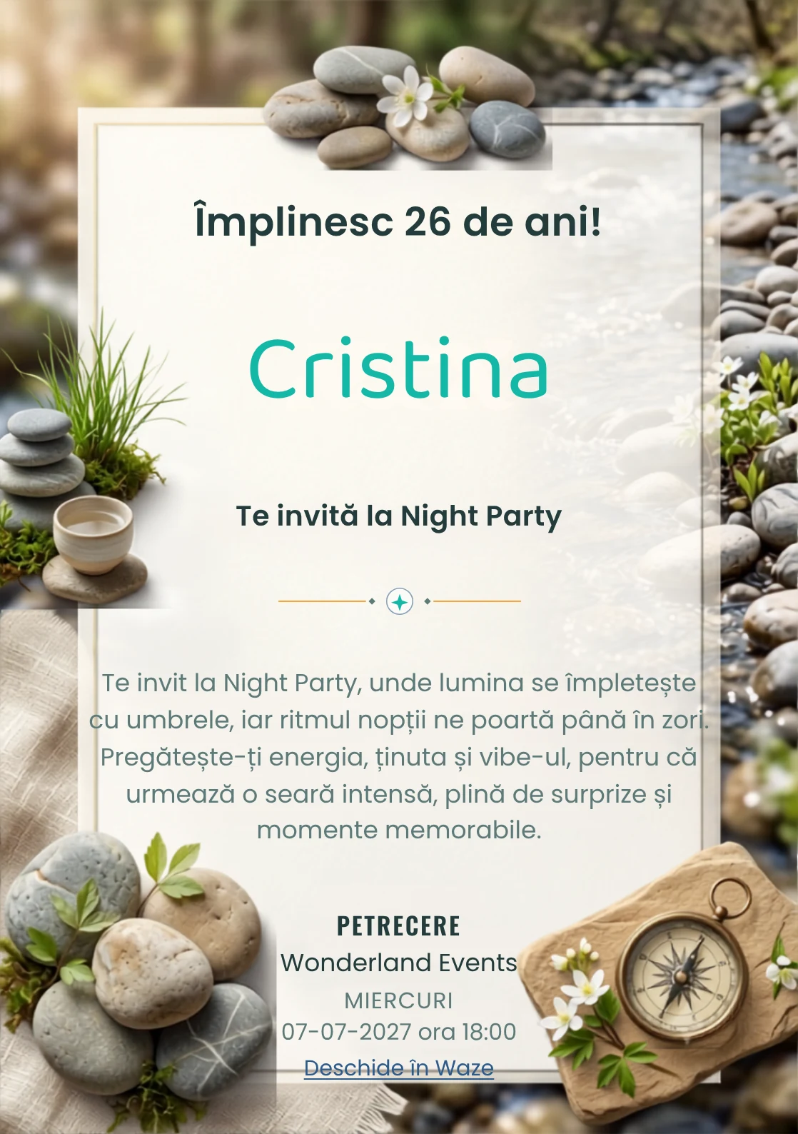 Râu de Primăvară este un model de invitații digitale pentru o aniversare adultă, definit vizual de pietre rotunjite și flori albe discrete.
