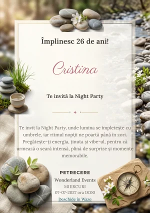 Râu de Primăvară este un model de invitații digitale pentru o aniversare adultă, definit vizual de pietre rotunjite și flori albe discrete.