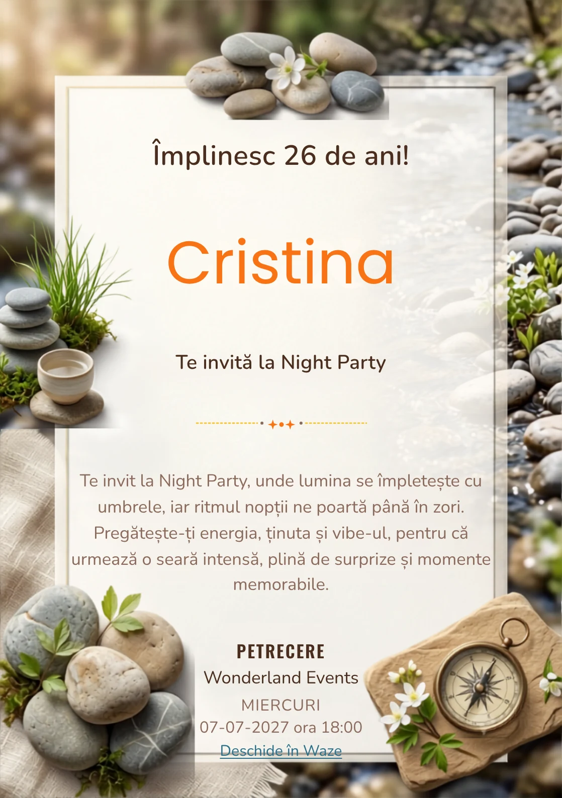 Râu de Primăvară este un model de invitații digitale pentru o aniversare adultă, definit vizual de pietre rotunjite și flori albe discrete.