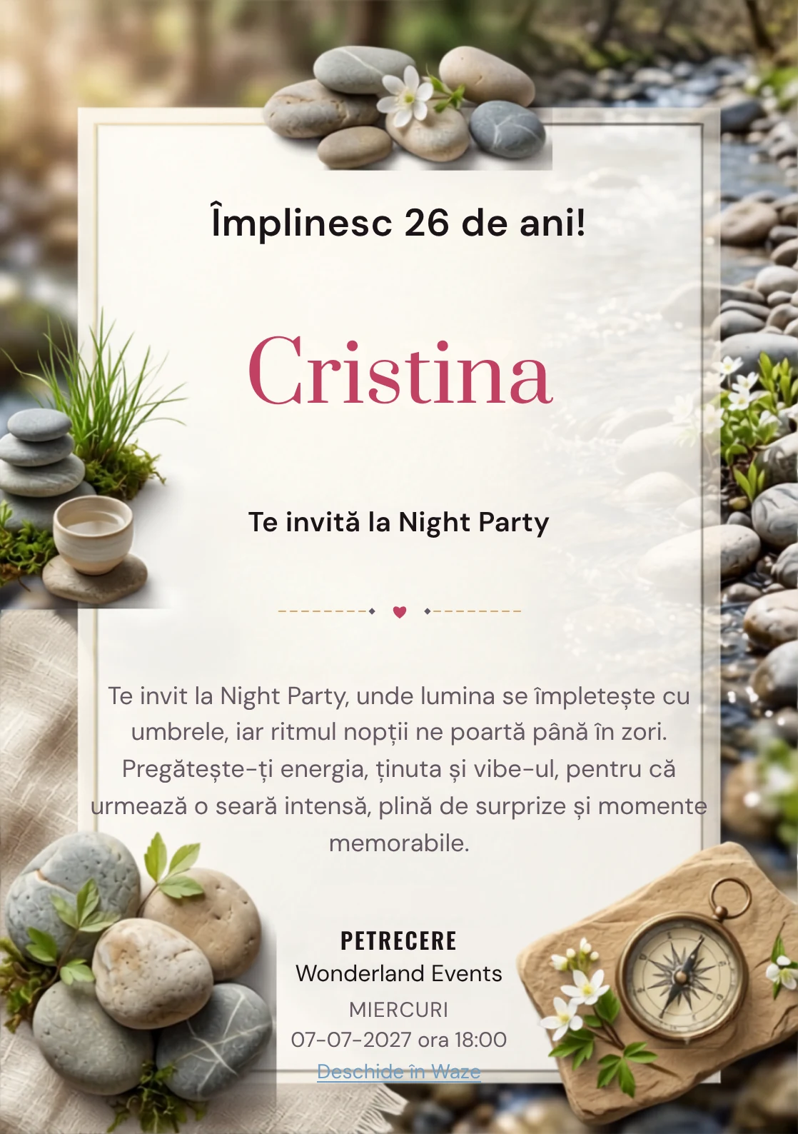 Râu de Primăvară este un model de invitații digitale pentru o aniversare adultă, definit vizual de pietre rotunjite și flori albe discrete.