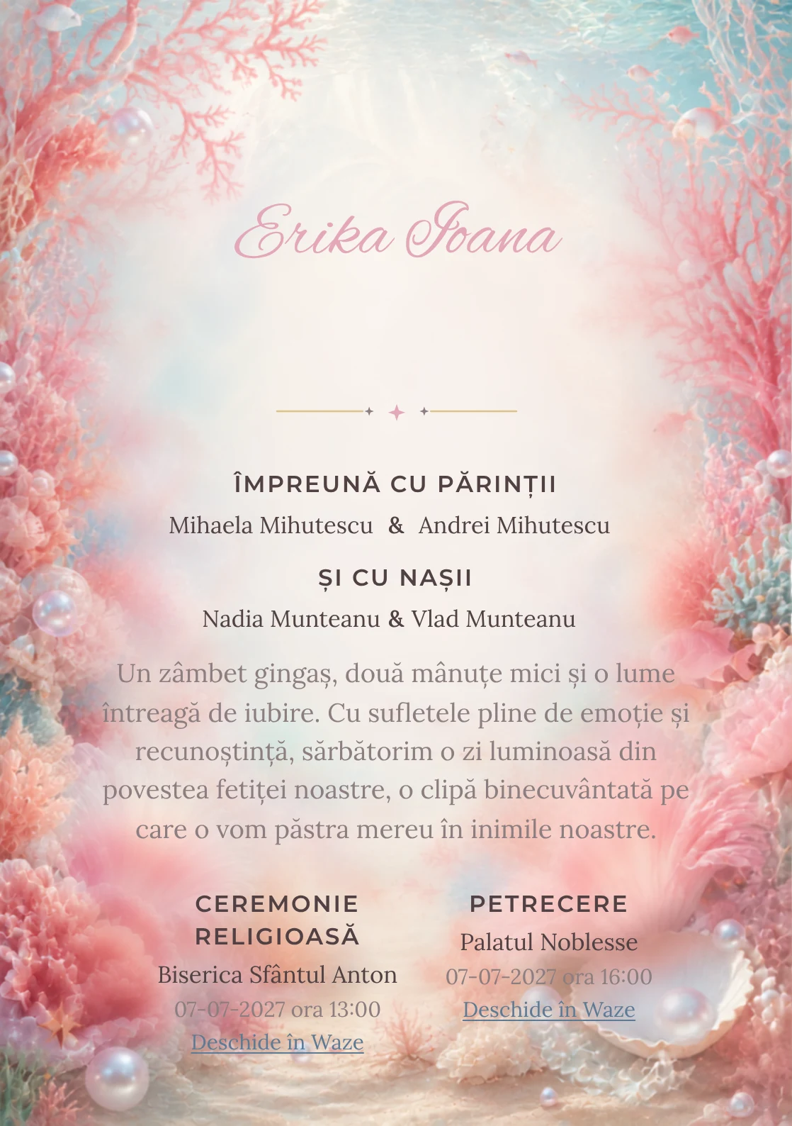 Reciful Roz, pentru o invitație digitală, combină un recif de corali roz cu anemone, perle și pești mici, într-o imagine coerentă de botez.