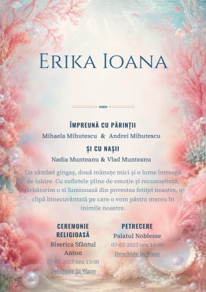 Reciful Roz, pentru o invitație digitală, combină un recif de corali roz cu anemone, perle și pești mici, într-o imagine coerentă de botez.