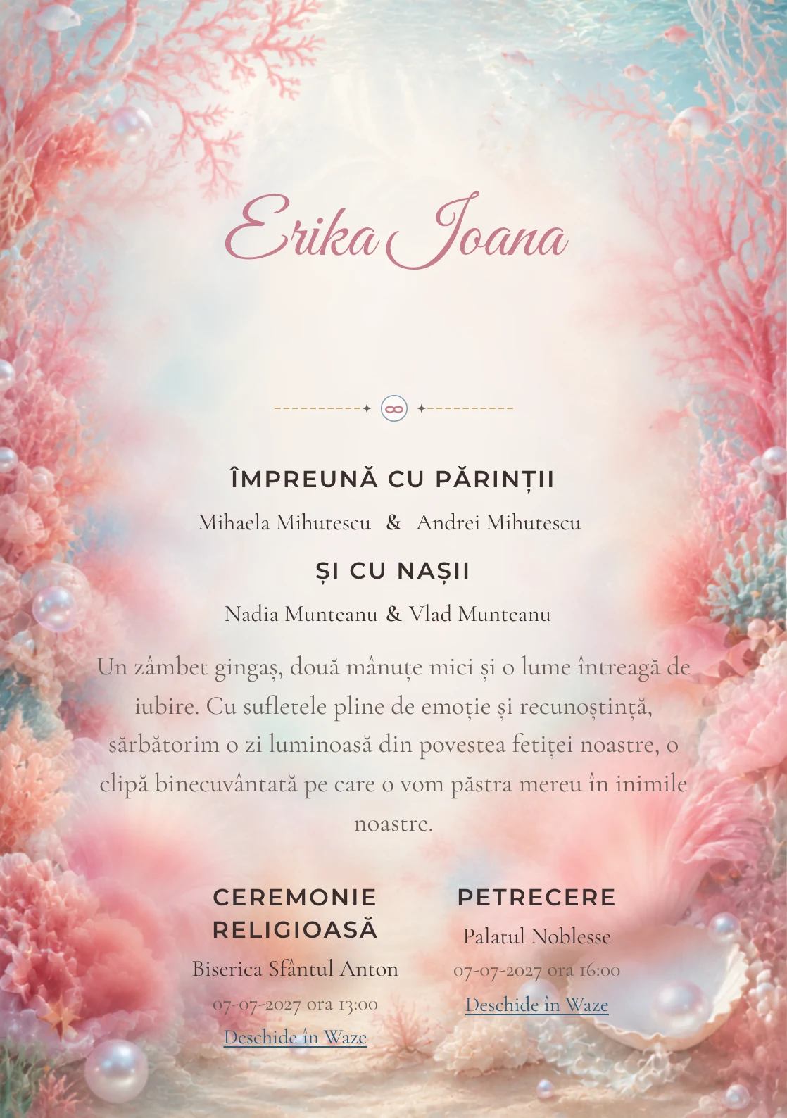 Reciful Roz, pentru o invitație digitală, combină un recif de corali roz cu anemone, perle și pești mici, într-o imagine coerentă de botez.