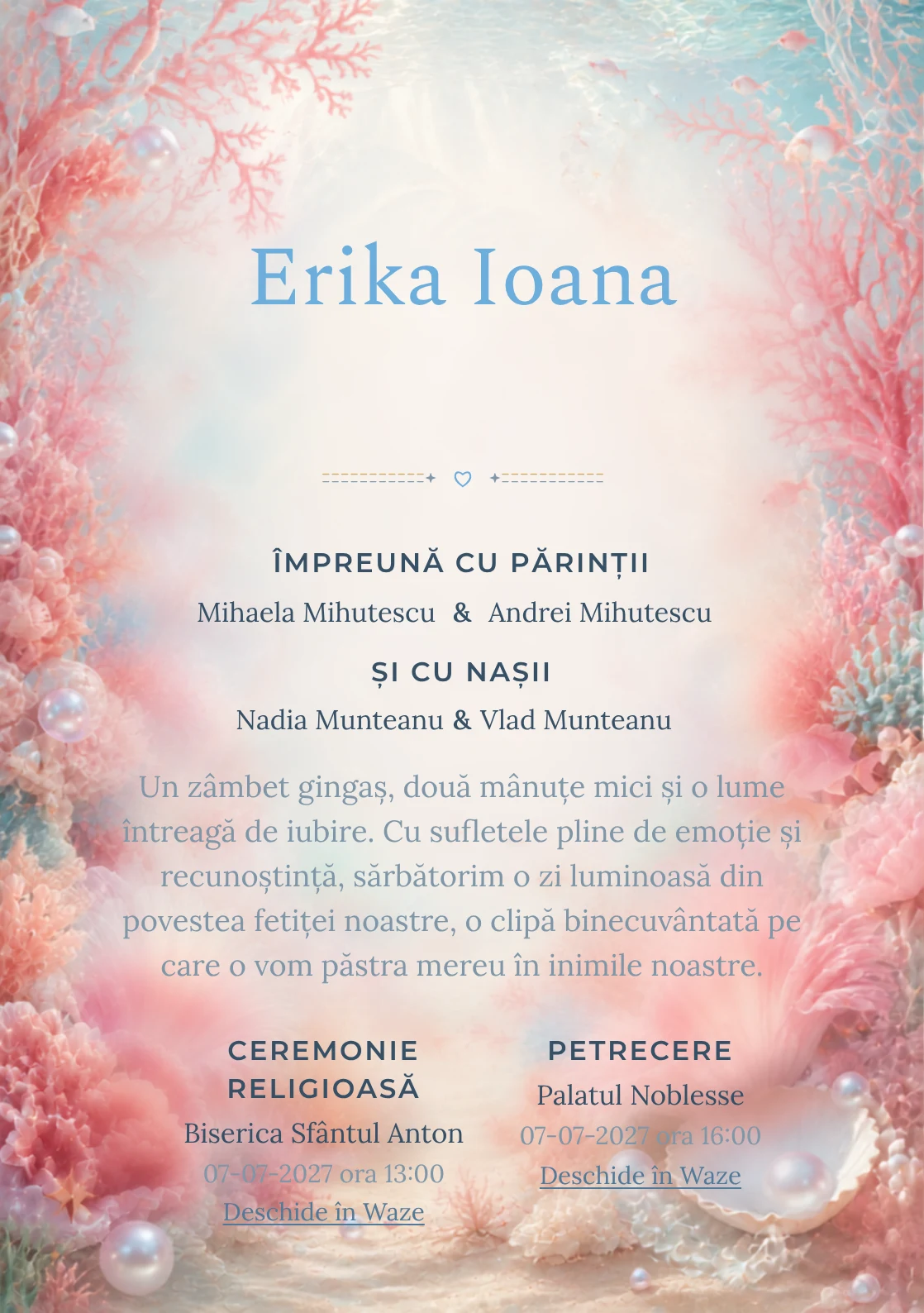 Reciful Roz, pentru o invitație digitală, combină un recif de corali roz cu anemone, perle și pești mici, într-o imagine coerentă de botez.