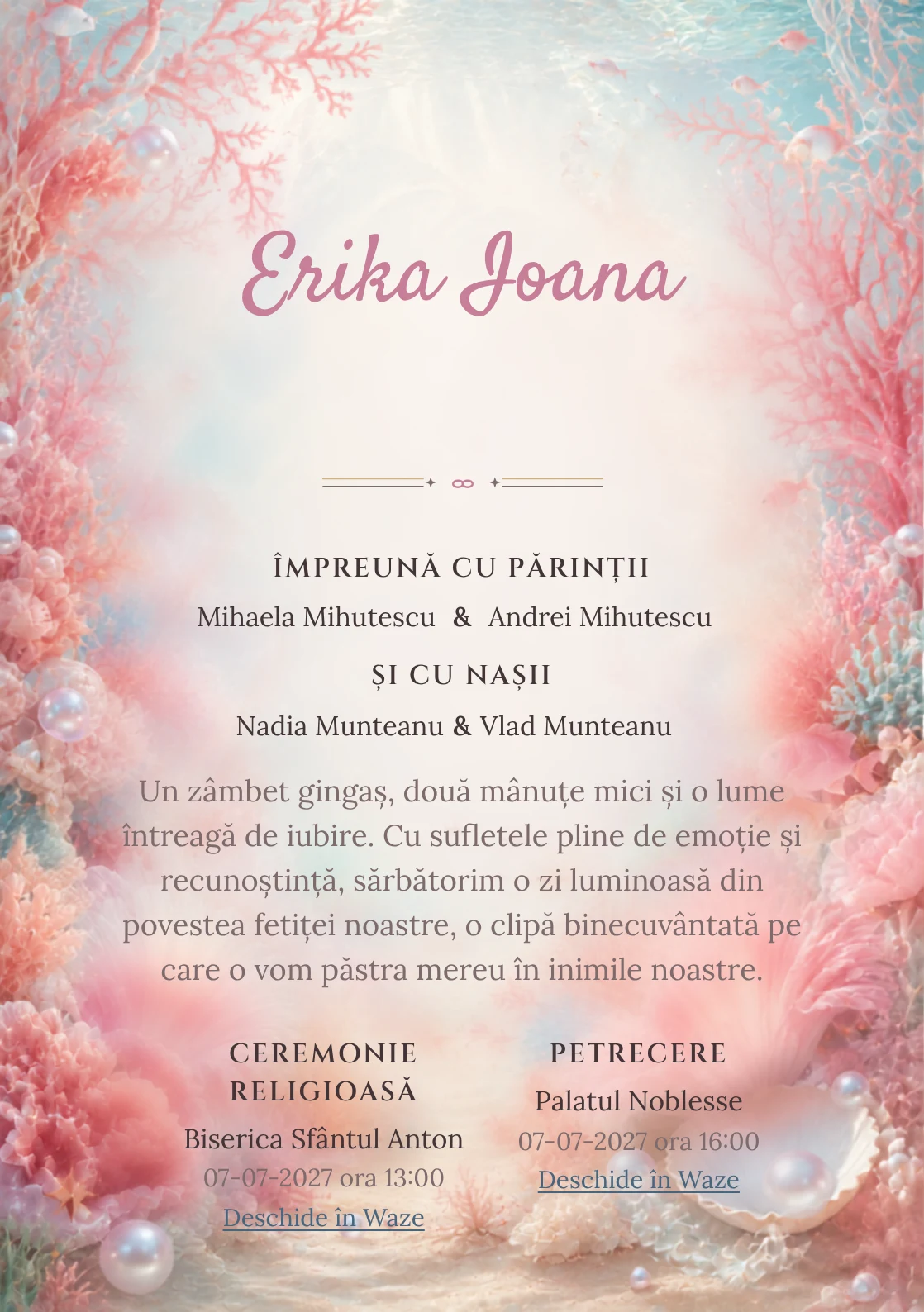 Reciful Roz, pentru o invitație digitală, combină un recif de corali roz cu anemone, perle și pești mici, într-o imagine coerentă de botez.