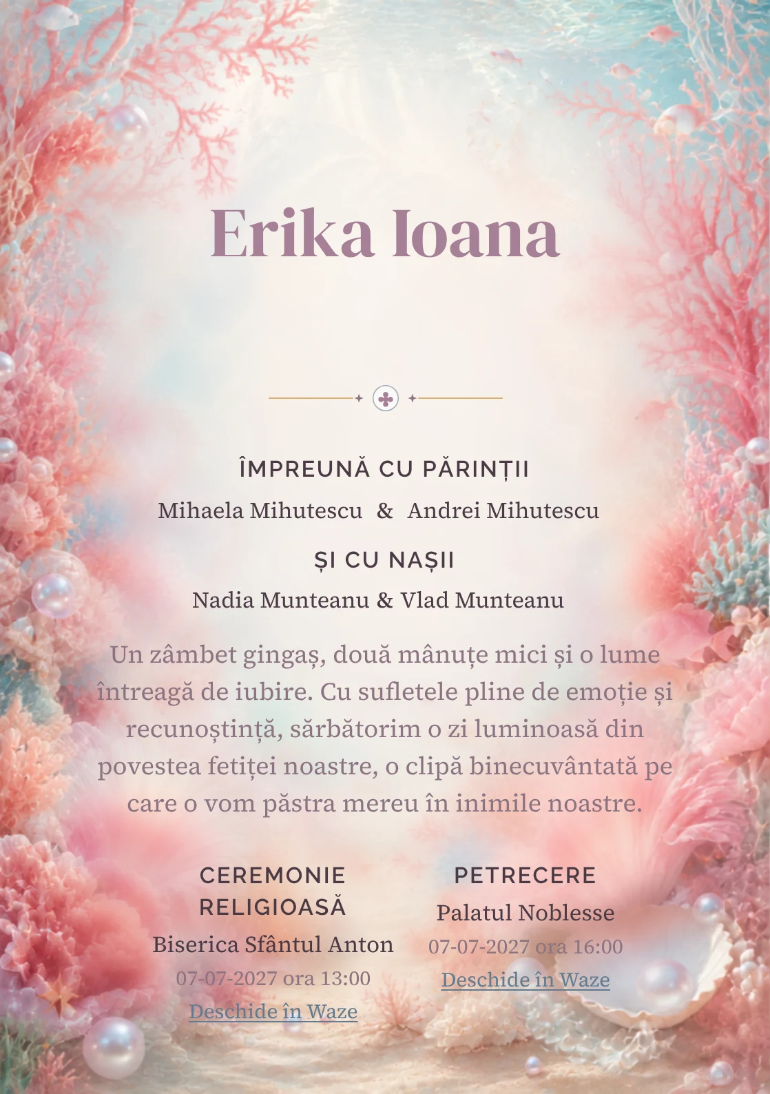 Reciful Roz, pentru o invitație digitală, combină un recif de corali roz cu anemone, perle și pești mici, într-o imagine coerentă de botez.