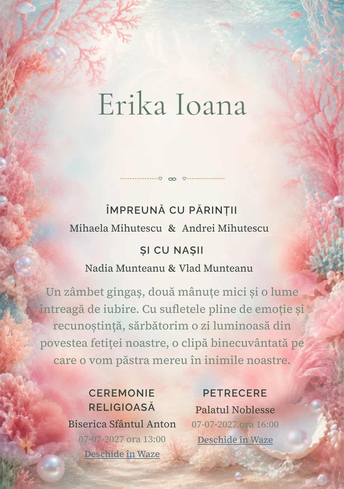 Reciful Roz, pentru o invitație digitală, combină un recif de corali roz cu anemone, perle și pești mici, într-o imagine coerentă de botez.
