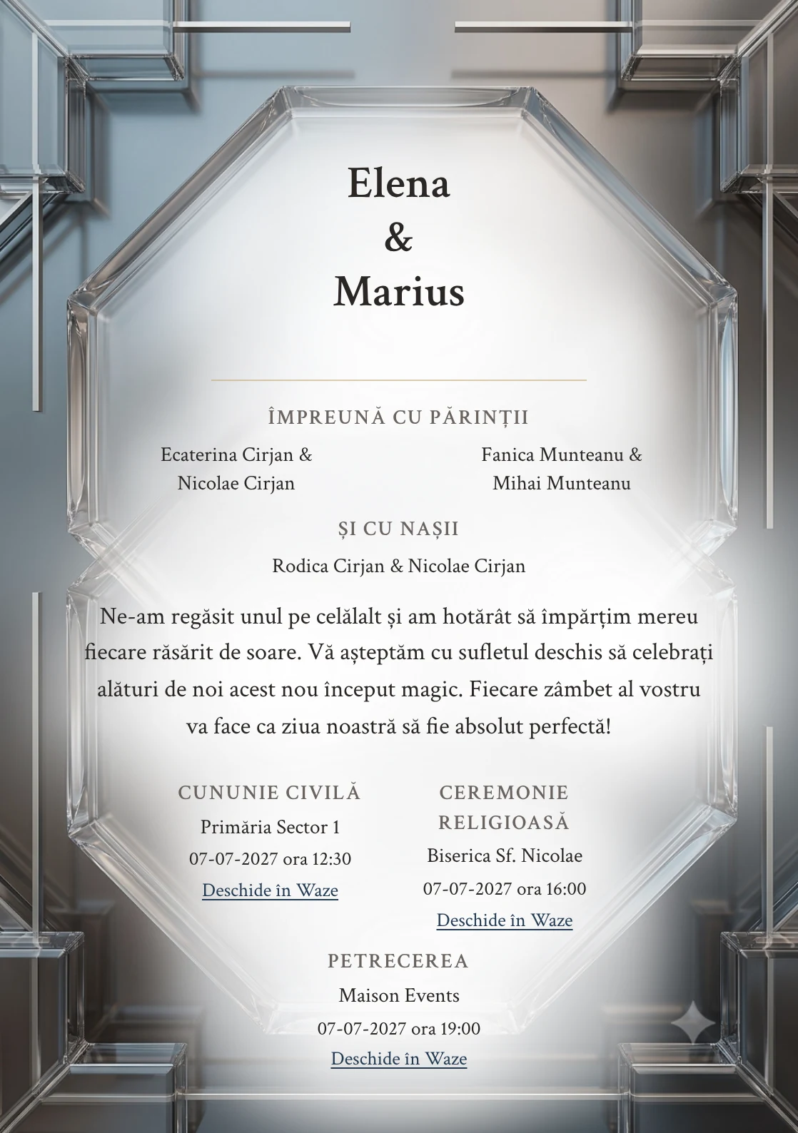 Reflexii Fumurii, în colecția de invitații nuntă, are ca reper vizual două plăci fumurii cu muchii prismatice, în nuanțe de fumuriu perlat.