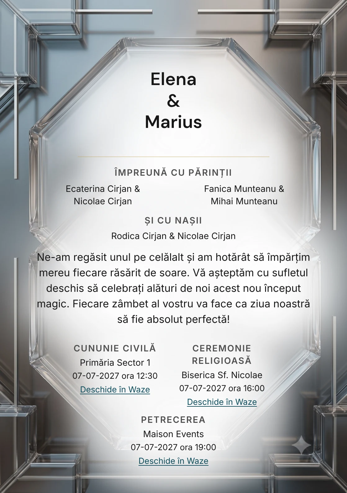 Reflexii Fumurii, în colecția de invitații nuntă, are ca reper vizual două plăci fumurii cu muchii prismatice, în nuanțe de fumuriu perlat.