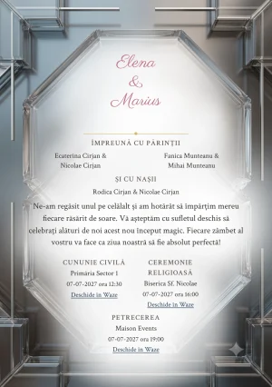 Reflexii Fumurii, în colecția de invitații nuntă, are ca reper vizual două plăci fumurii cu muchii prismatice, în nuanțe de fumuriu perlat.