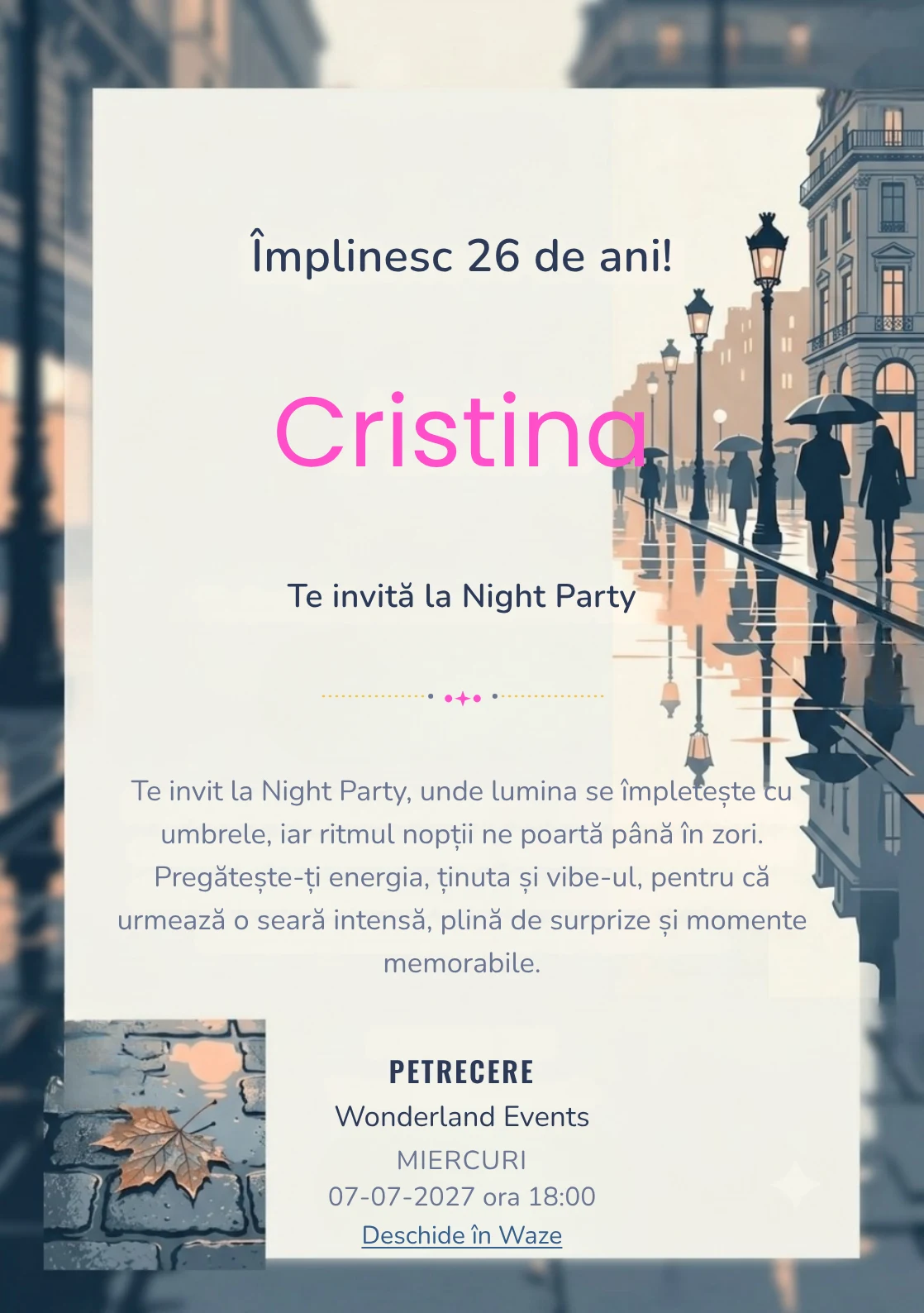 Reflexii pe Bulevard este un model de invitații digitale de zi de naștere, definit vizual de reflexii grafice și siluete urbane foarte discrete.