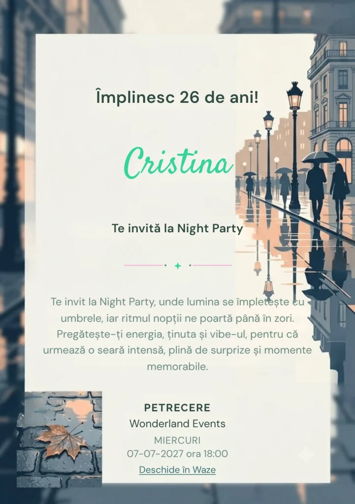 Reflexii pe Bulevard este un model de invitații digitale de zi de naștere, definit vizual de reflexii grafice și siluete urbane foarte discrete.
