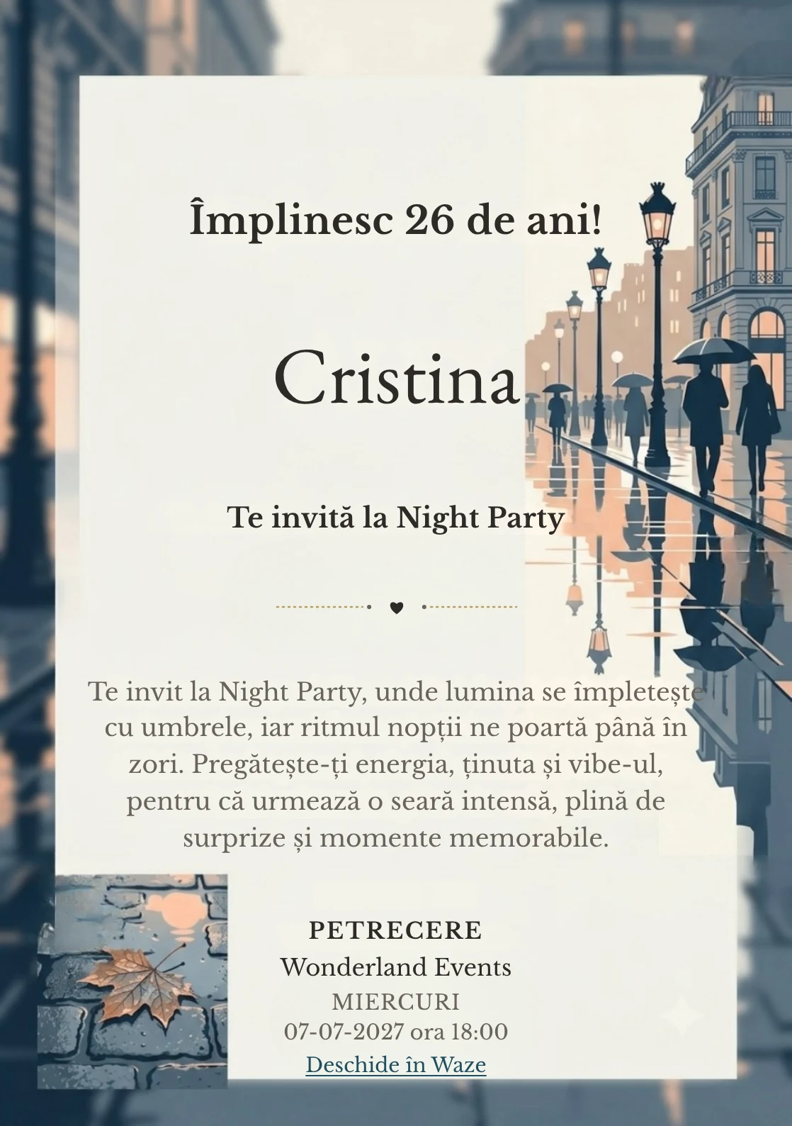 Reflexii pe Bulevard este un model de invitații digitale de zi de naștere, definit vizual de reflexii grafice și siluete urbane foarte discrete.