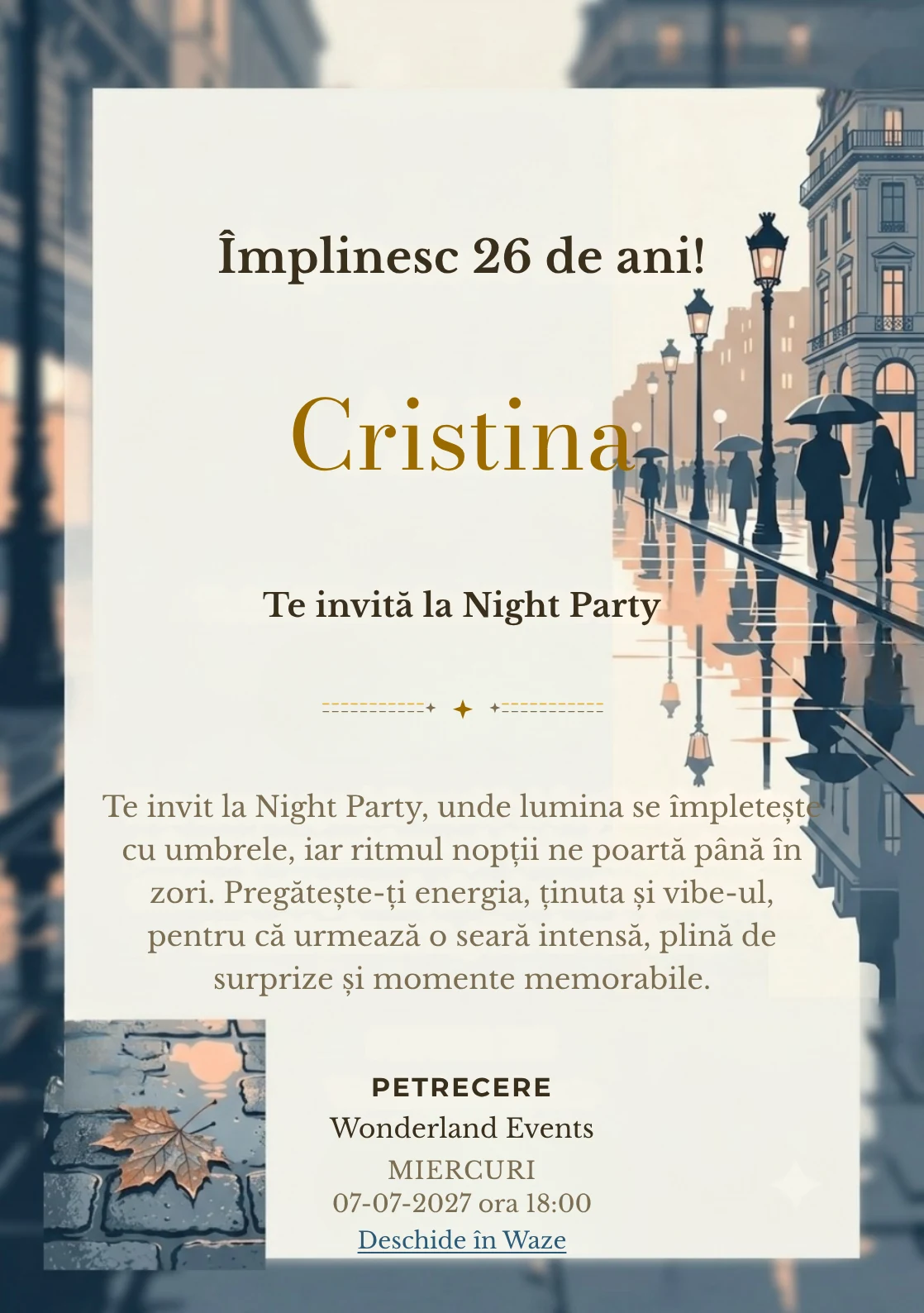 Reflexii pe Bulevard este un model de invitații digitale de zi de naștere, definit vizual de reflexii grafice și siluete urbane foarte discrete.