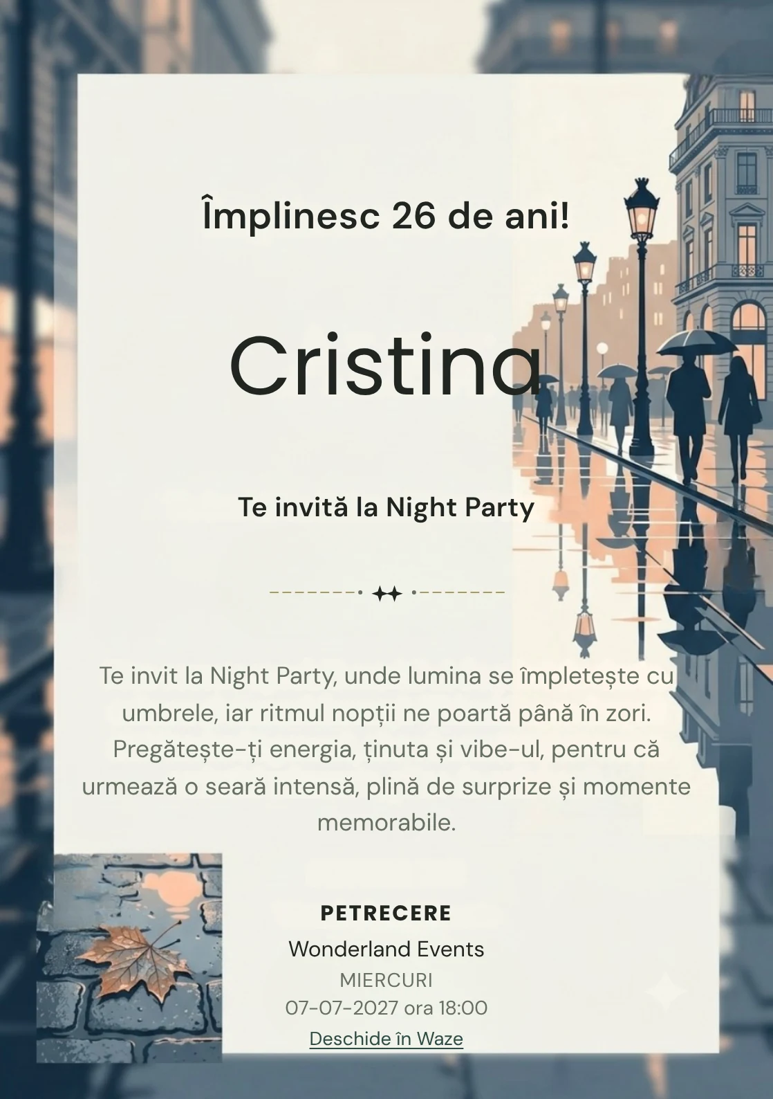 Reflexii pe Bulevard este un model de invitații digitale de zi de naștere, definit vizual de reflexii grafice și siluete urbane foarte discrete.