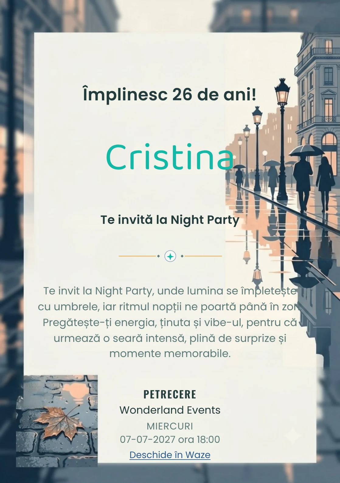 Reflexii pe Bulevard este un model de invitații digitale de zi de naștere, definit vizual de reflexii grafice și siluete urbane foarte discrete.