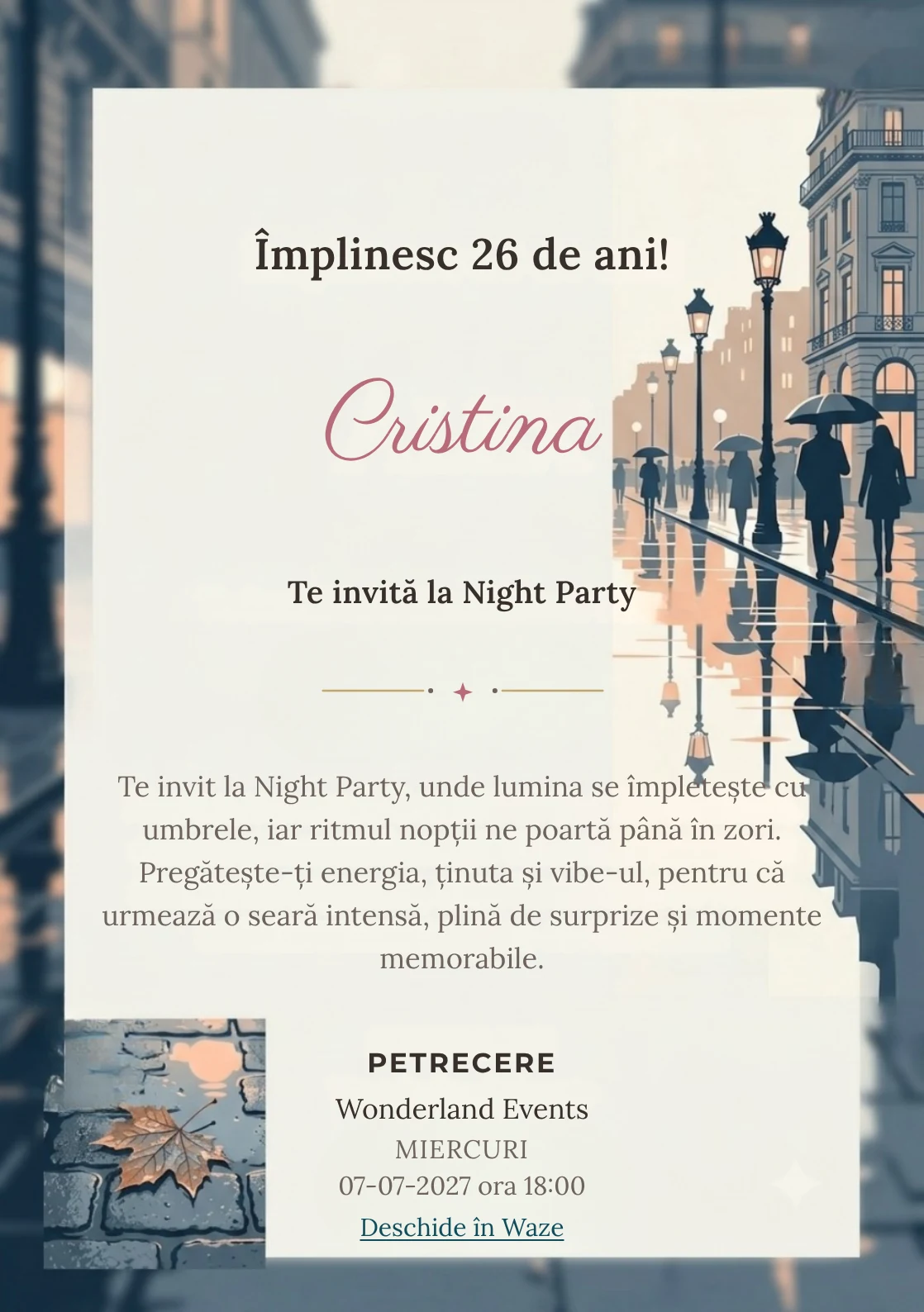Reflexii pe Bulevard este un model de invitații digitale de zi de naștere, definit vizual de reflexii grafice și siluete urbane foarte discrete.