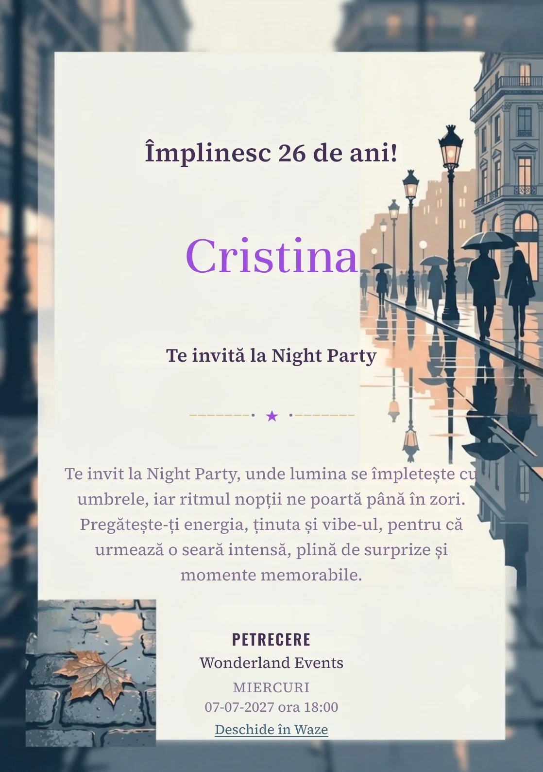 Reflexii pe Bulevard este un model de invitații digitale de zi de naștere, definit vizual de reflexii grafice și siluete urbane foarte discrete.