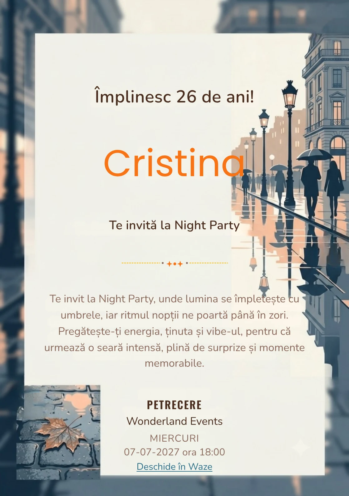 Reflexii pe Bulevard este un model de invitații digitale de zi de naștere, definit vizual de reflexii grafice și siluete urbane foarte discrete.