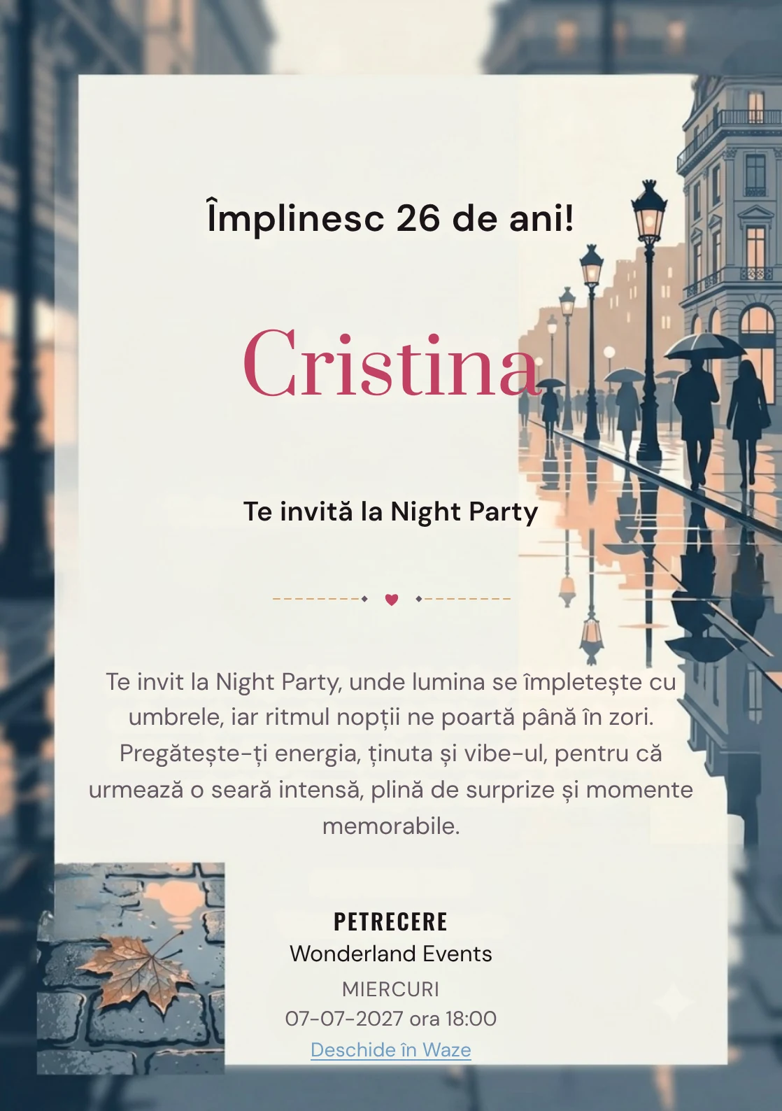 Reflexii pe Bulevard este un model de invitații digitale de zi de naștere, definit vizual de reflexii grafice și siluete urbane foarte discrete.
