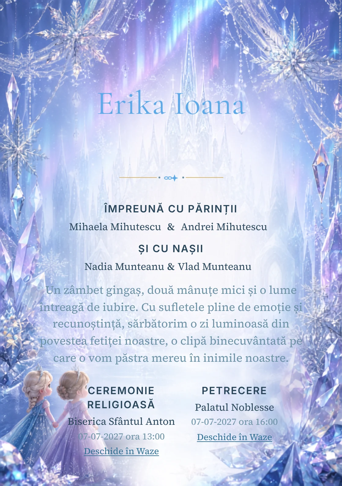 Regatul de Gheață propune, pentru o invitație digitală, Elsa și Anna în fața unui palat și fulgi mari, cristale prismatice și auroră difuză.