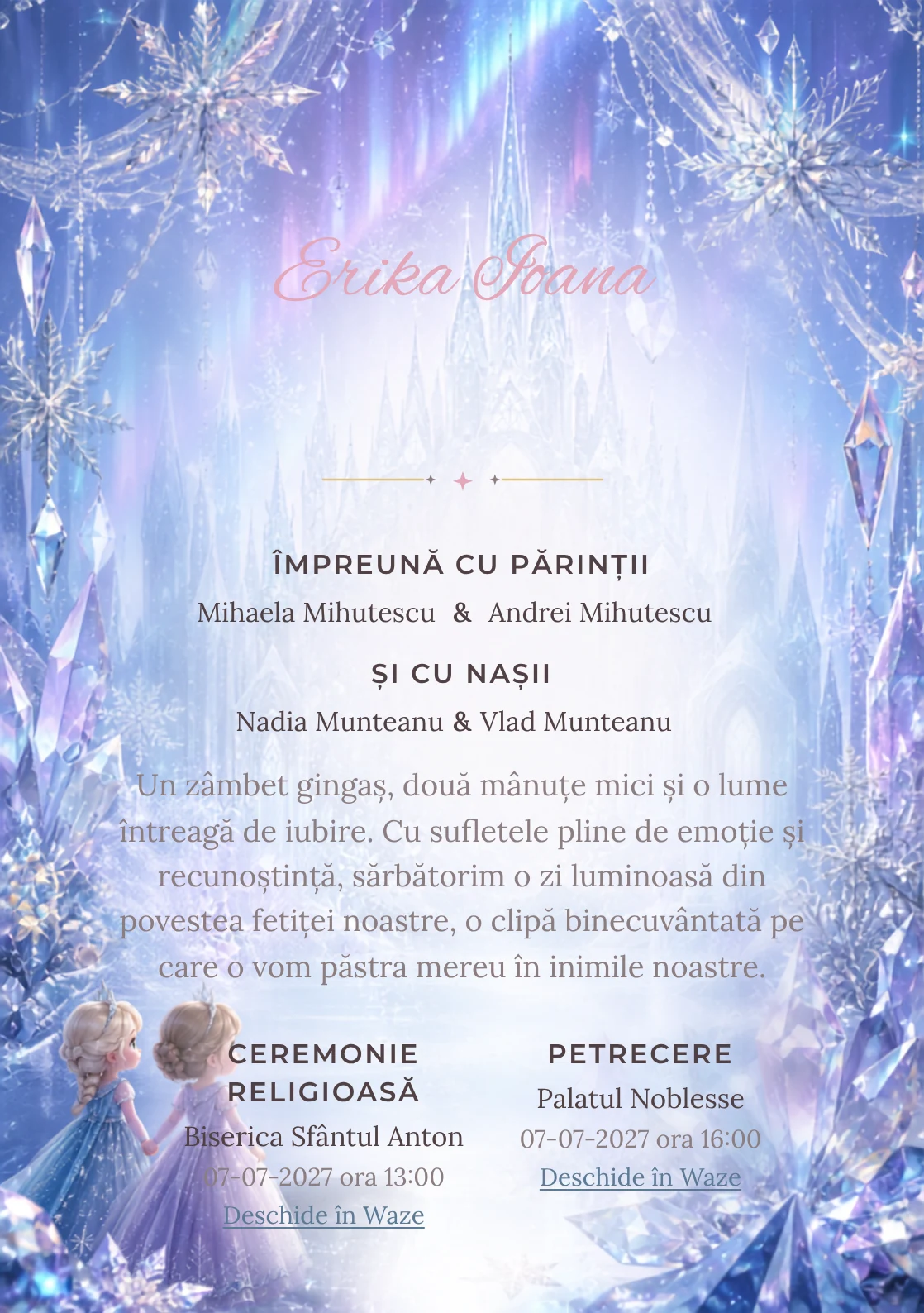 Regatul de Gheață propune, pentru o invitație digitală, Elsa și Anna în fața unui palat și fulgi mari, cristale prismatice și auroră difuză.
