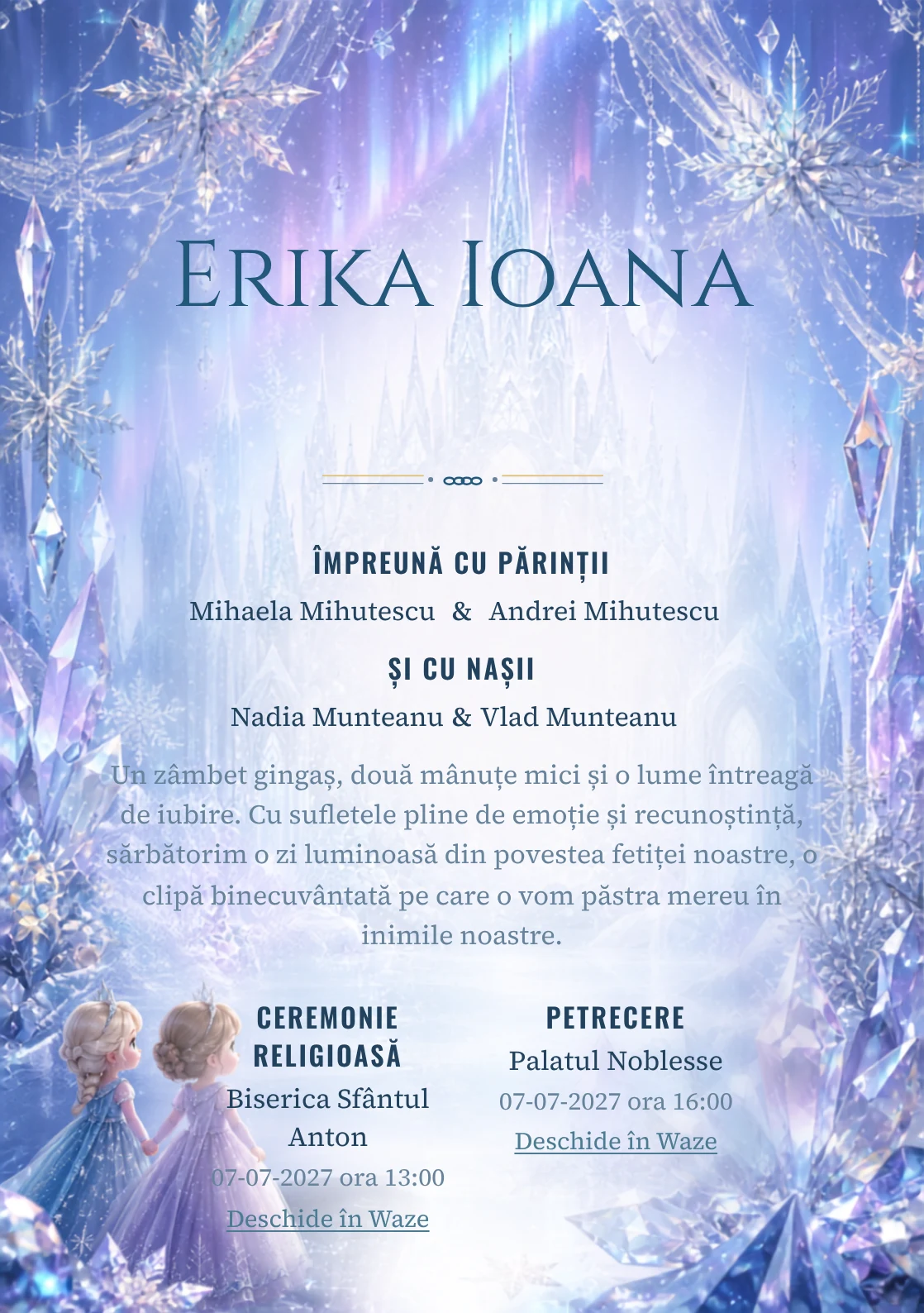 Regatul de Gheață propune, pentru o invitație digitală, Elsa și Anna în fața unui palat și fulgi mari, cristale prismatice și auroră difuză.