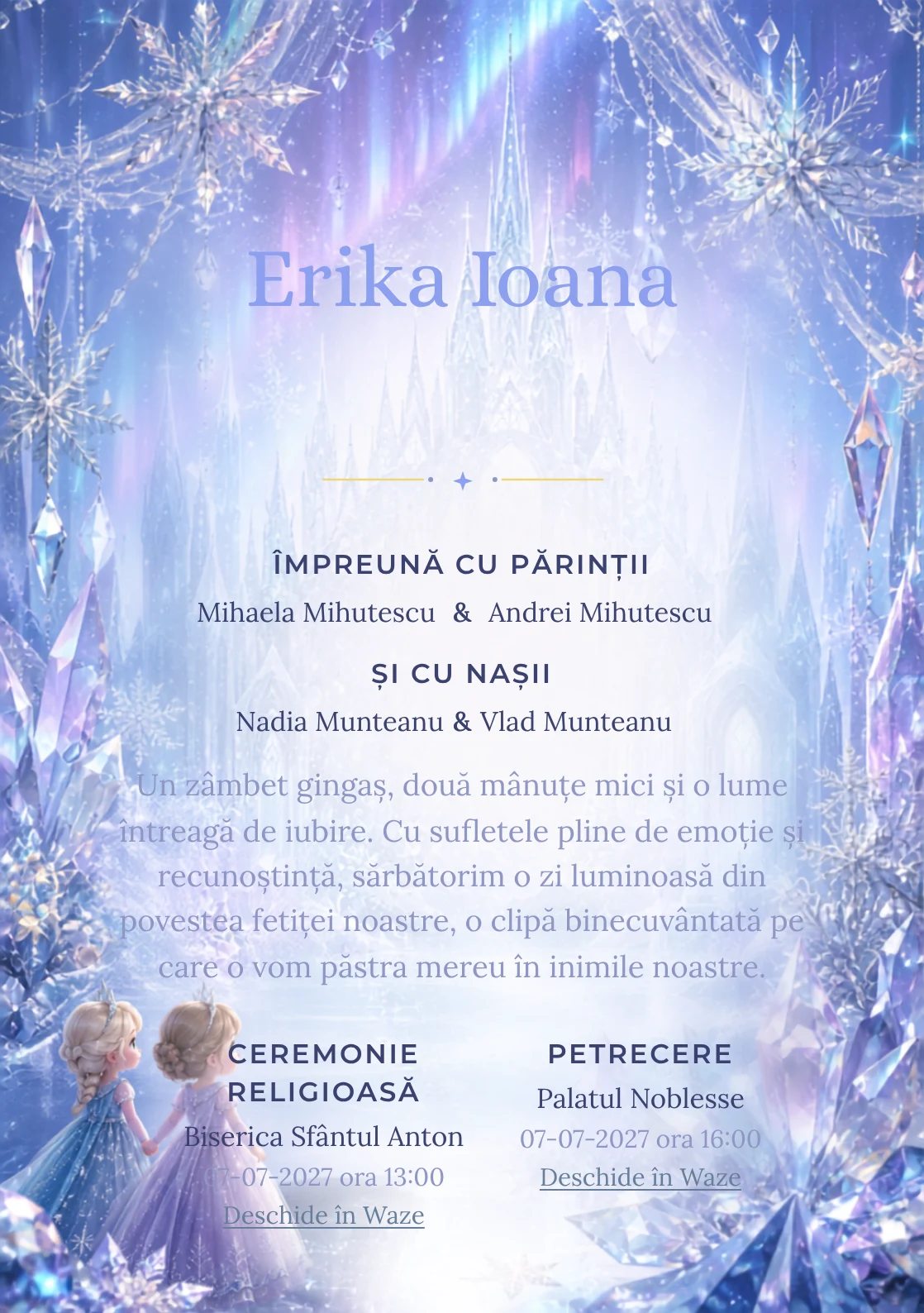 Regatul de Gheață propune, pentru o invitație digitală, Elsa și Anna în fața unui palat și fulgi mari, cristale prismatice și auroră difuză.