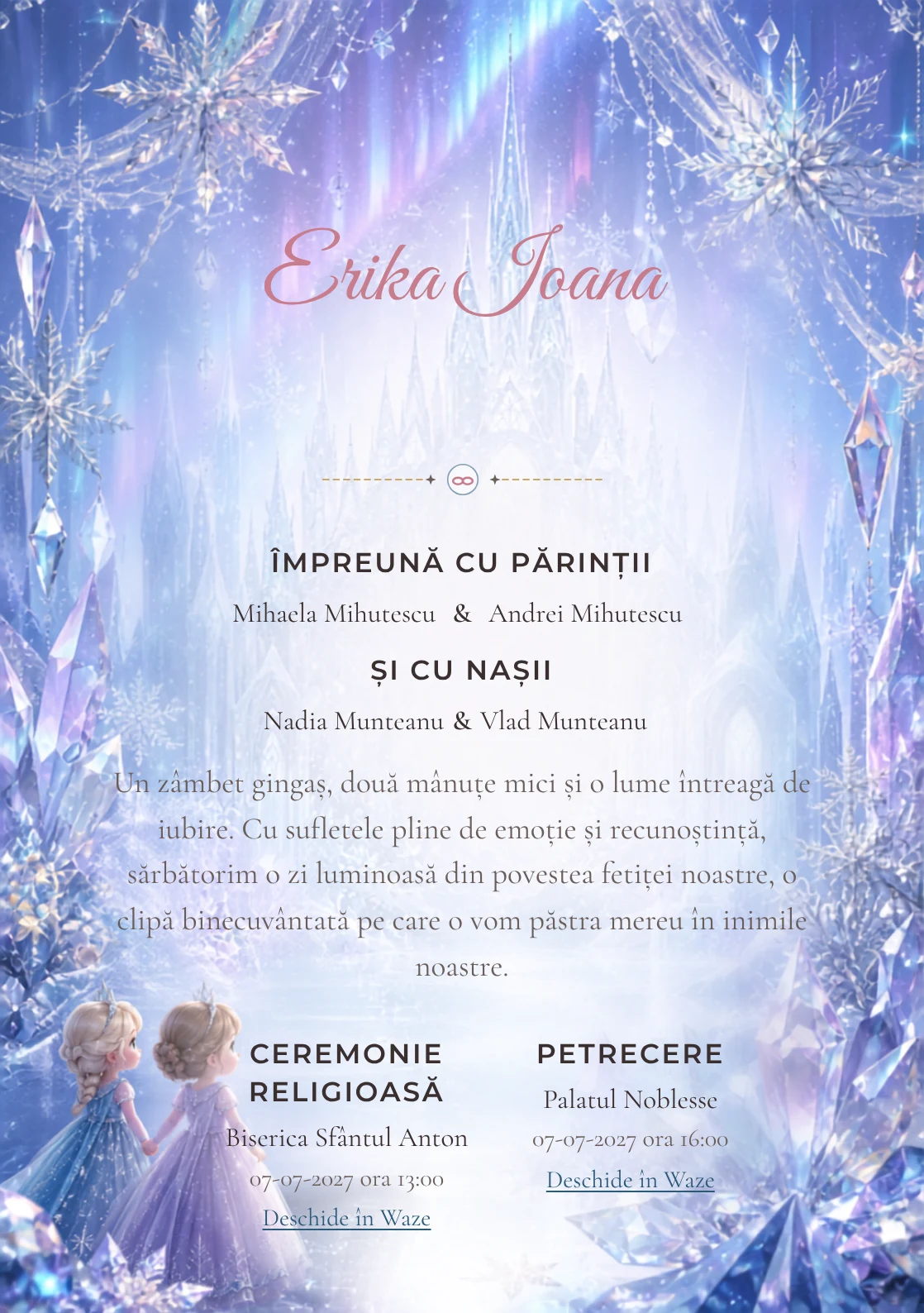 Regatul de Gheață propune, pentru o invitație digitală, Elsa și Anna în fața unui palat și fulgi mari, cristale prismatice și auroră difuză.