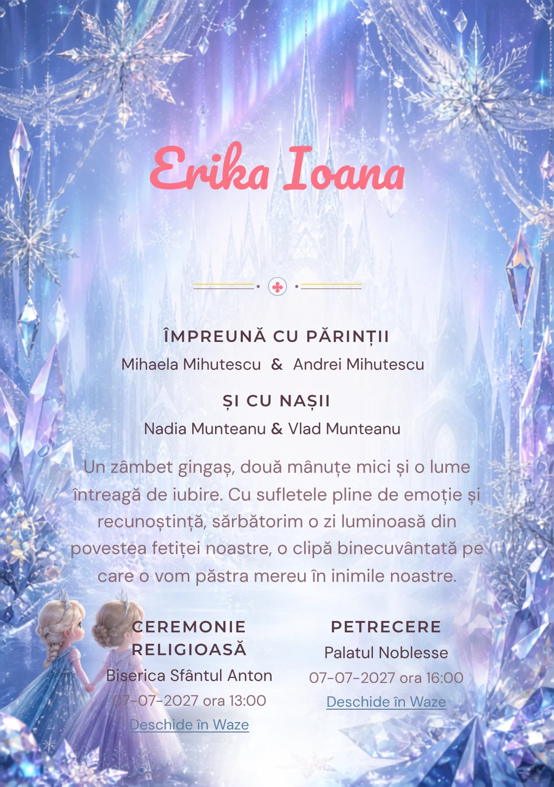 Regatul de Gheață propune, pentru o invitație digitală, Elsa și Anna în fața unui palat și fulgi mari, cristale prismatice și auroră difuză.