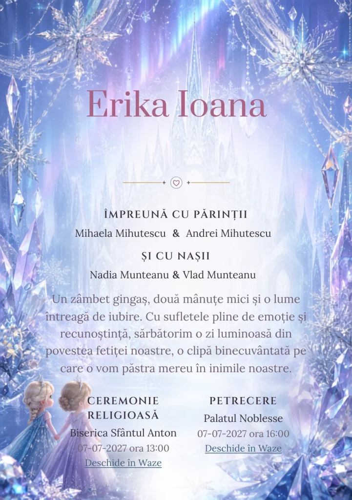 Regatul de Gheață propune, pentru o invitație digitală, Elsa și Anna în fața unui palat și fulgi mari, cristale prismatice și auroră difuză.