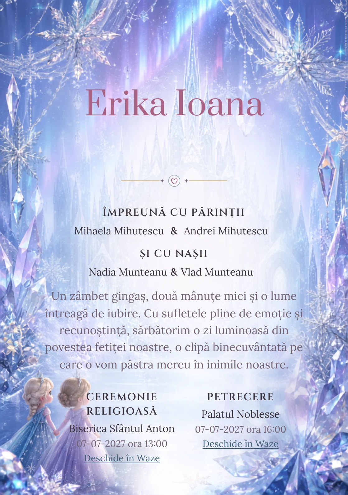 Regatul de Gheață propune, pentru o invitație digitală, Elsa și Anna în fața unui palat și fulgi mari, cristale prismatice și auroră difuză.