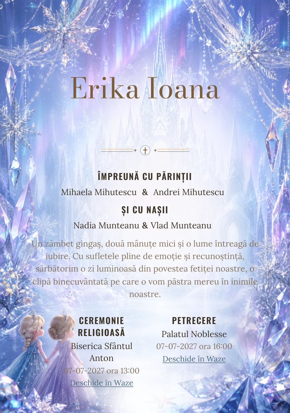 Regatul de Gheață propune, pentru o invitație digitală, Elsa și Anna în fața unui palat și fulgi mari, cristale prismatice și auroră difuză.