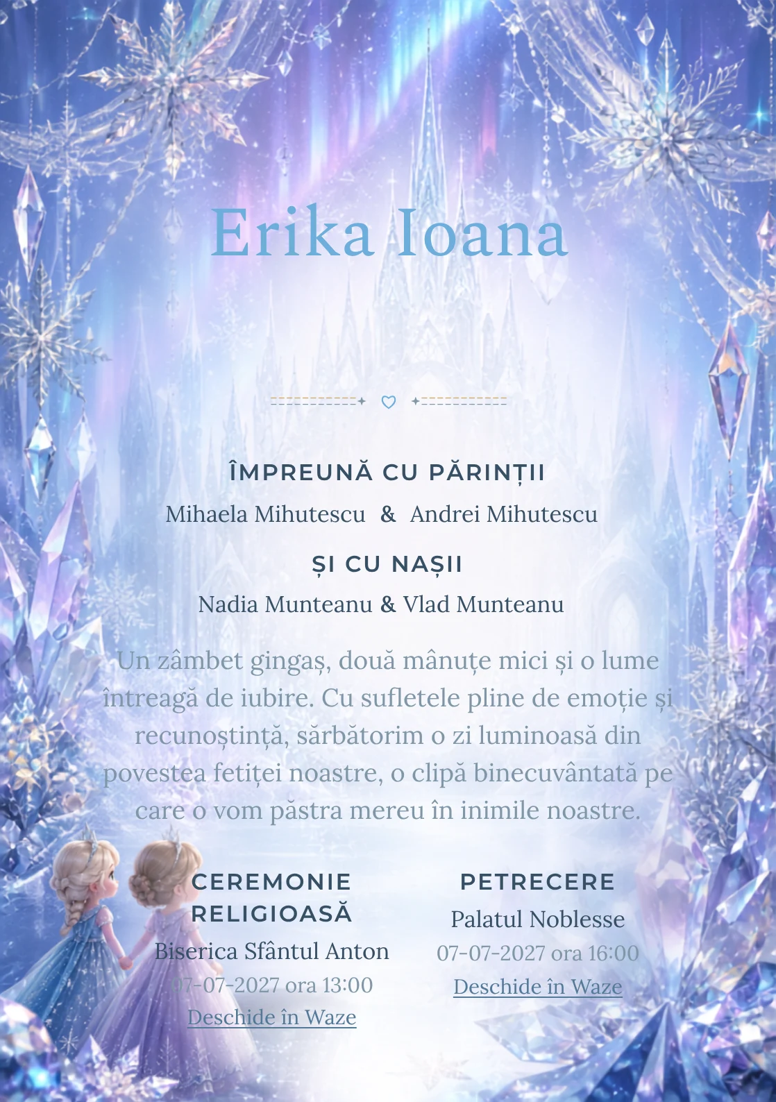 Regatul de Gheață propune, pentru o invitație digitală, Elsa și Anna în fața unui palat și fulgi mari, cristale prismatice și auroră difuză.