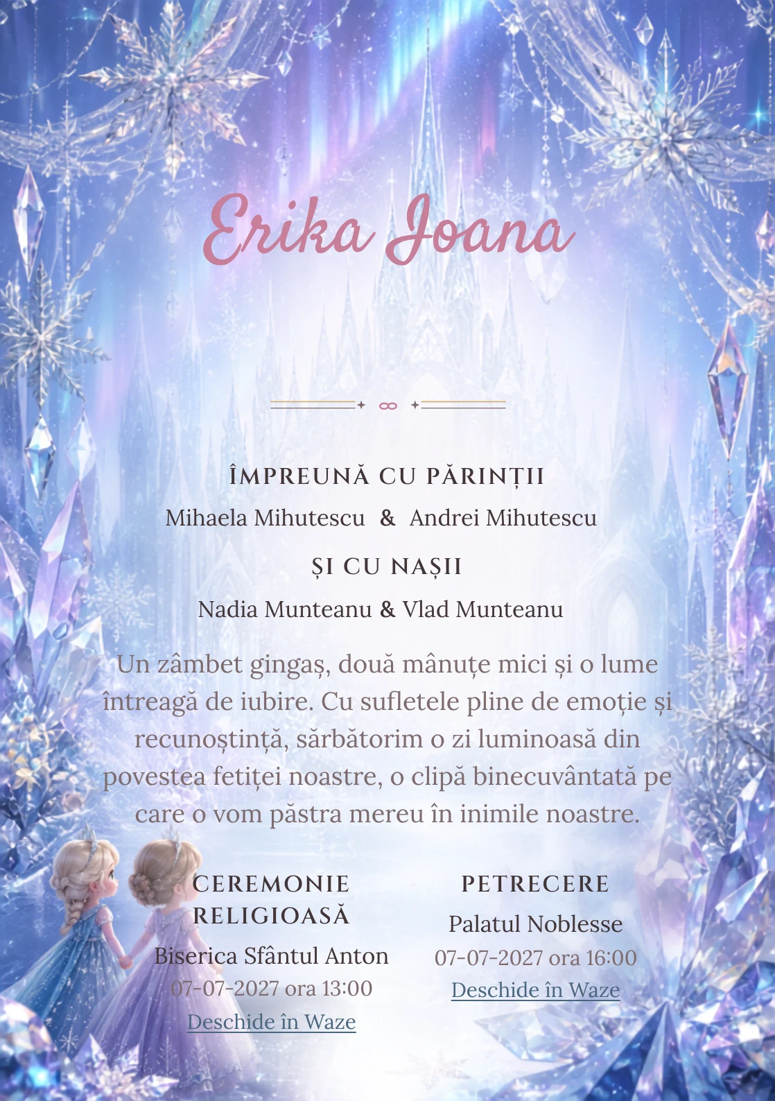 Regatul de Gheață propune, pentru o invitație digitală, Elsa și Anna în fața unui palat și fulgi mari, cristale prismatice și auroră difuză.