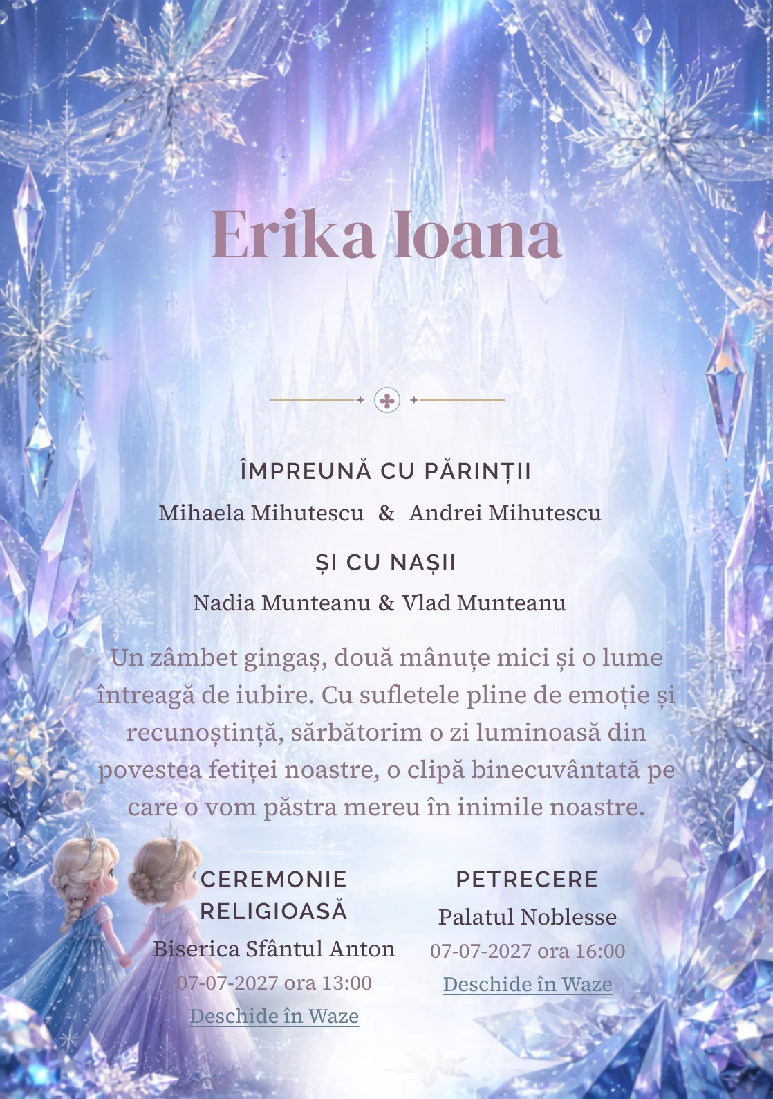 Regatul de Gheață propune, pentru o invitație digitală, Elsa și Anna în fața unui palat și fulgi mari, cristale prismatice și auroră difuză.