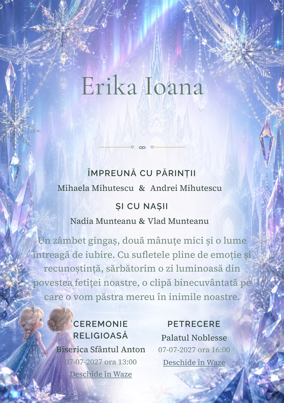 Regatul de Gheață propune, pentru o invitație digitală, Elsa și Anna în fața unui palat și fulgi mari, cristale prismatice și auroră difuză.
