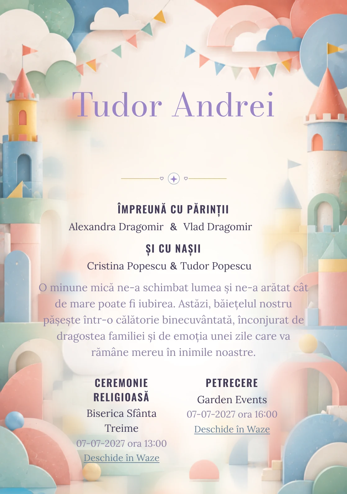 Regatul Modular, design din gama de invitații botez, prezintă un regat abstract construit, alături de steaguri geometrice.
