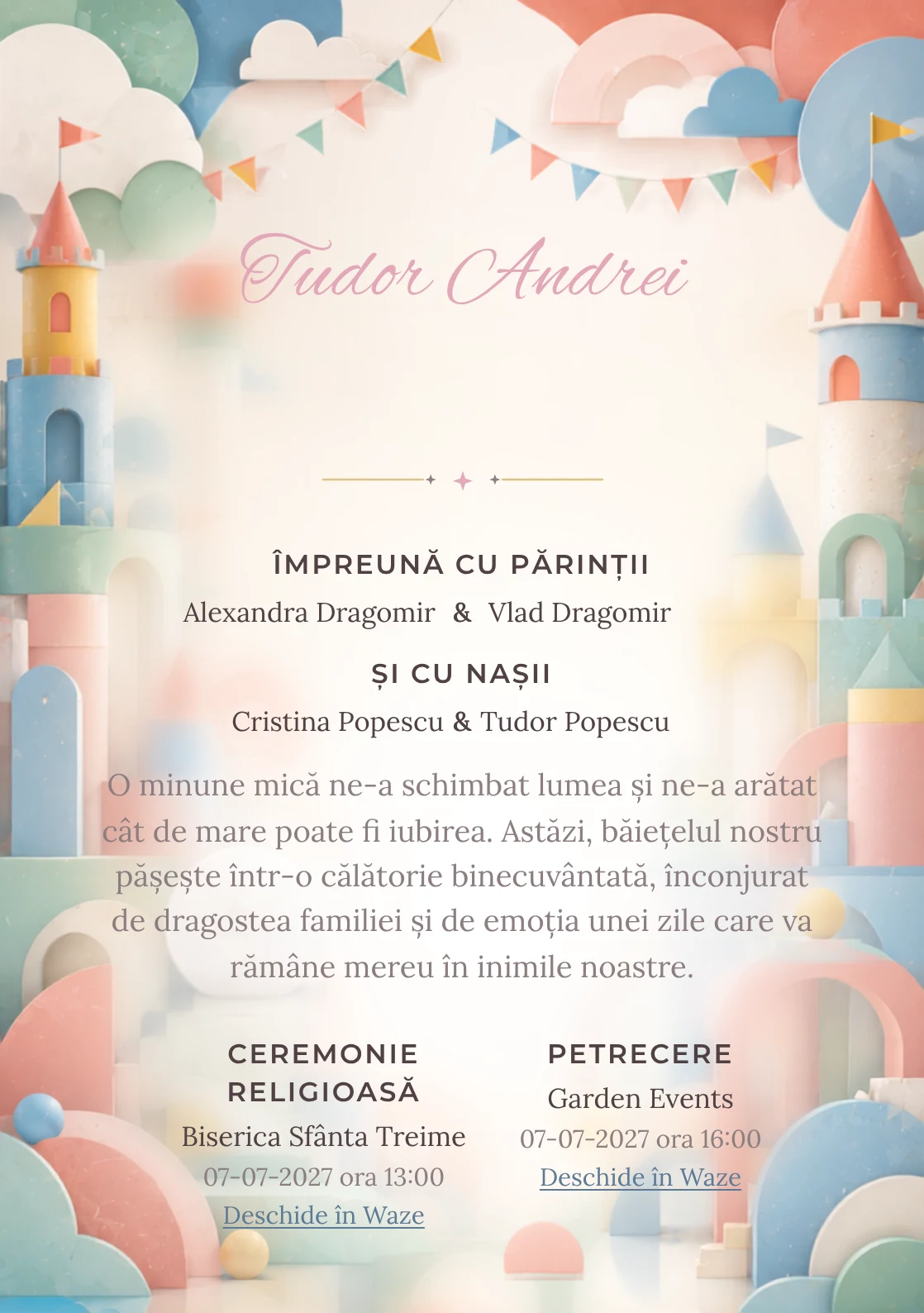 Regatul Modular, design din gama de invitații botez, prezintă un regat abstract construit, alături de steaguri geometrice.