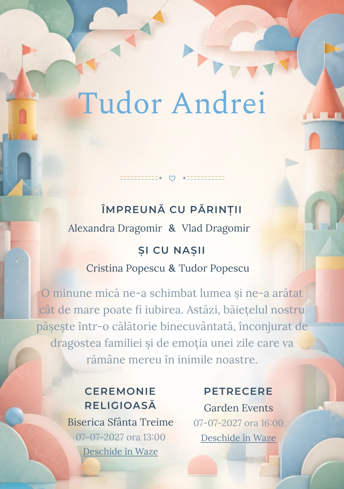 Regatul Modular, design din gama de invitații botez, prezintă un regat abstract construit, alături de steaguri geometrice.