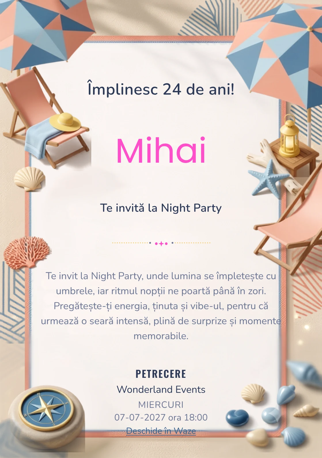 Retro Riviera este un model de invitații digitale pentru o aniversare adultă, definit vizual de un șezlong și forme marine.