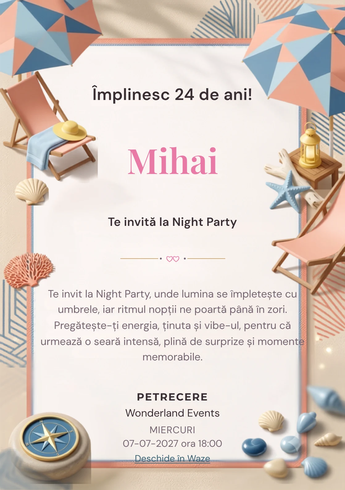 Retro Riviera este un model de invitații digitale pentru o aniversare adultă, definit vizual de un șezlong și forme marine.