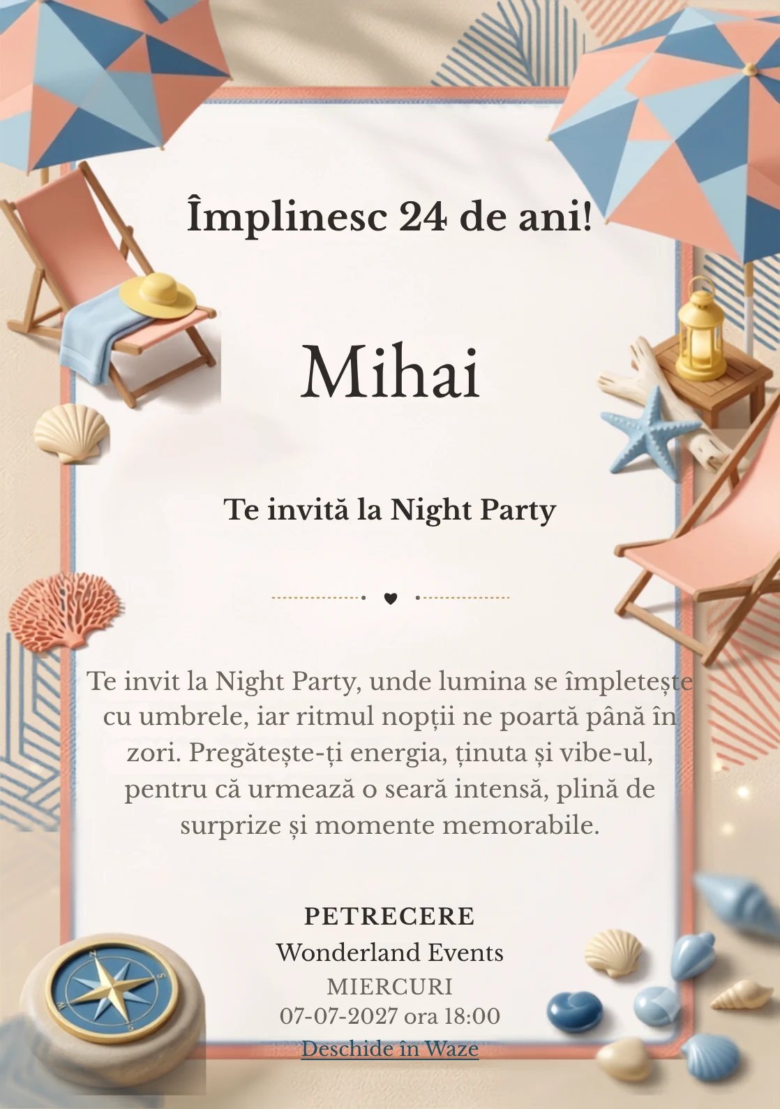 Retro Riviera este un model de invitații digitale pentru o aniversare adultă, definit vizual de un șezlong și forme marine.