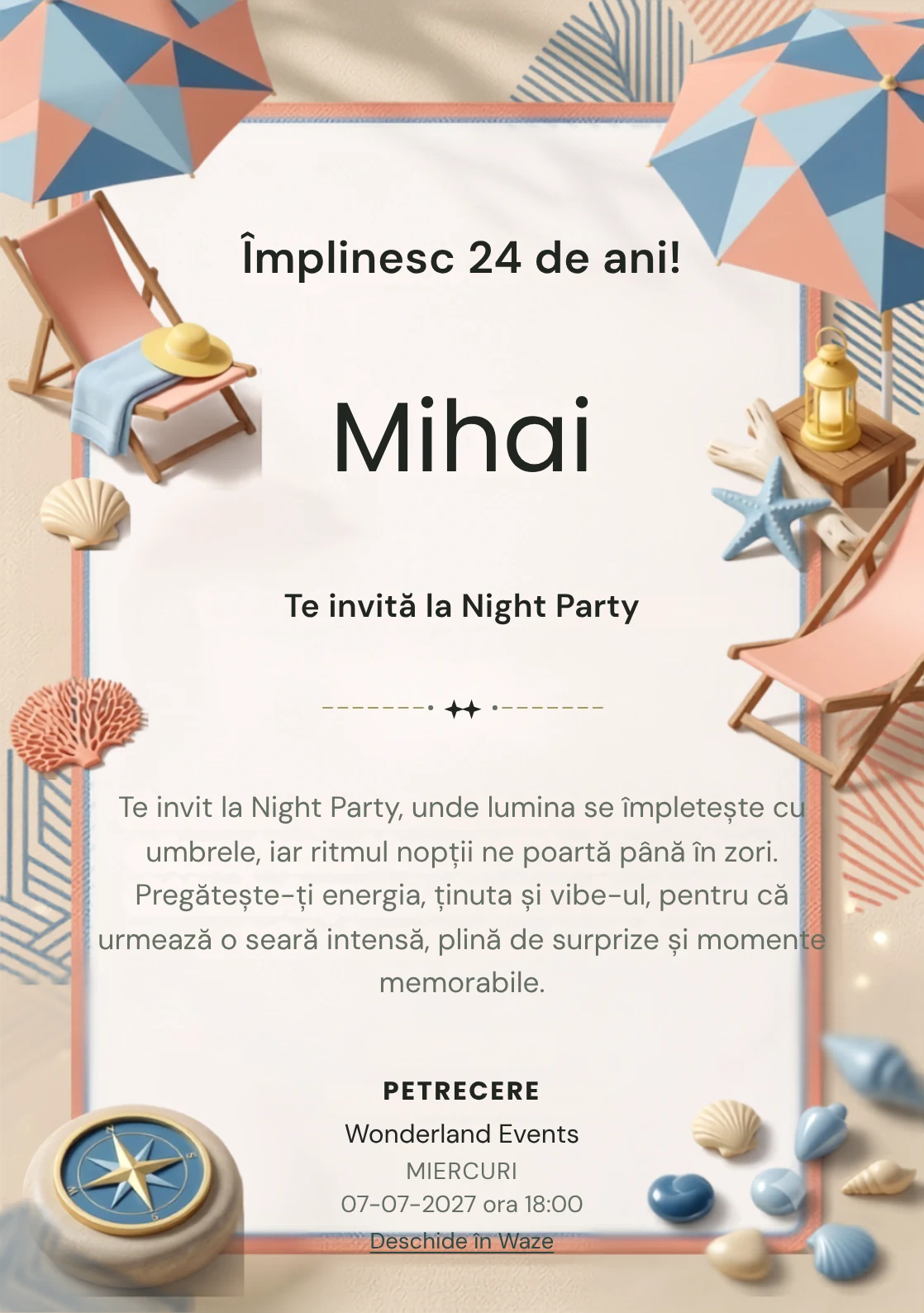 Retro Riviera este un model de invitații digitale pentru o aniversare adultă, definit vizual de un șezlong și forme marine.