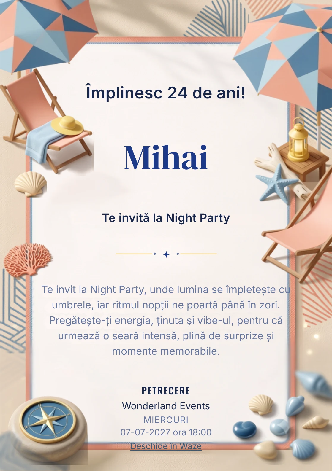 Retro Riviera este un model de invitații digitale pentru o aniversare adultă, definit vizual de un șezlong și forme marine.